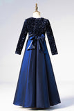 Pretty A Line Dark Blue Sequins Long Sleeve Flower Girl Dress