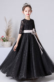 Chic Black Half Sleeve Flower Girl Dress with Flower Belt