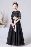 Chic Black Half Sleeve Flower Girl Dress with Flower Belt