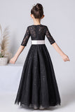 Chic Black Half Sleeve Flower Girl Dress with Flower Belt