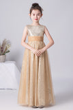 A Line Gold Sleeveless Flower Girl Dress