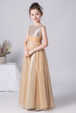 A Line Gold Sleeveless Flower Girl Dress