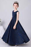 Pretty Dark Blue Sleeveless Flower Girl Dress With Bow Belt