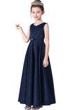 Pretty Dark Blue Sleeveless Flower Girl Dress With Bow Belt