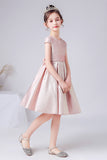 A Line Pink Short Sleeve Flower Girl Dress With Bow Belt