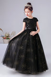 A Line Black Short Sleeve Flower Girl Dress