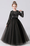 Black Tulle Long Sleeve Floor Length Flower Girl Dress With Sequins