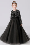 Black Tulle Long Sleeve Floor Length Flower Girl Dress With Sequins