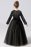 Black Tulle Long Sleeve Floor Length Flower Girl Dress With Sequins