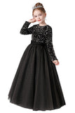 Black Tulle Long Sleeve Floor Length Flower Girl Dress With Sequins