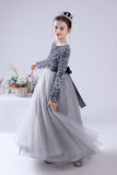 Black Tulle Long Sleeve Floor Length Flower Girl Dress With Sequins