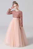 Black Tulle Long Sleeve Floor Length Flower Girl Dress With Sequins