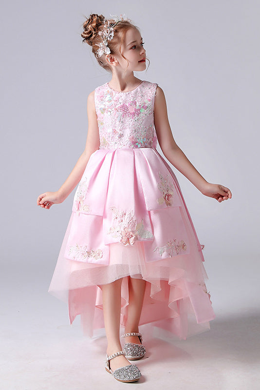 Pink Sleeveless Round Neck Appliques Flower Girl Dress