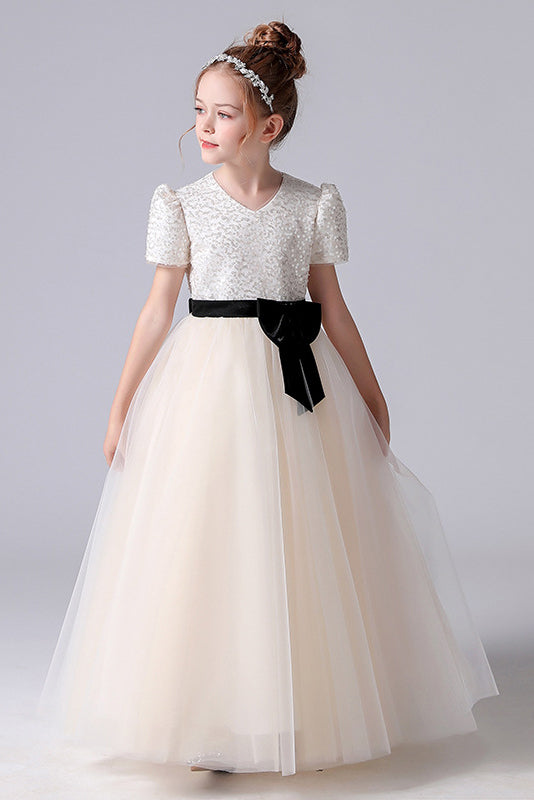 A- Line Short Sleeve Tulle Beading Flower Girl Dress With Bow