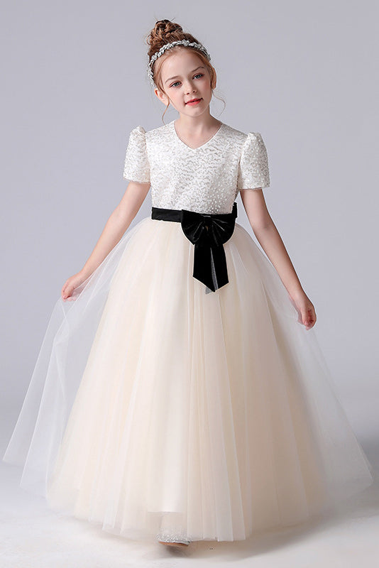 A- Line Short Sleeve Tulle Beading Flower Girl Dress With Bow