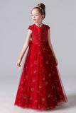 Red Beading Tulle Flower Girl Dress With Bow Belt