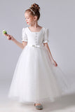 A Line White Tulle Princess Flower Girl Dress With Blet