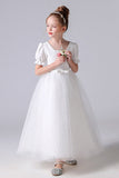 A Line White Tulle Princess Flower Girl Dress With Blet