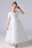 A Line White Tulle Princess Flower Girl Dress With Blet