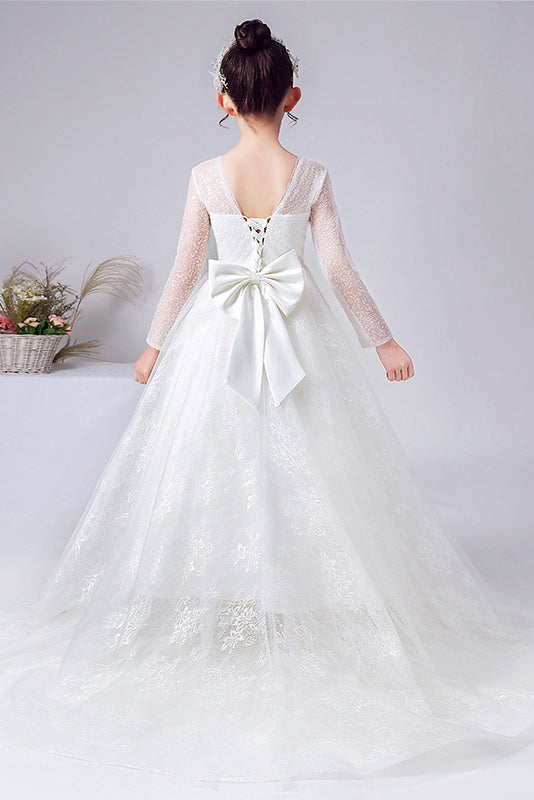 A Line Elegant Long Sleeve Lace Flower Girl Dress With Bownet