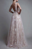 A Line V-Neck Lace Long Prom Dress