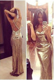 Sparkly Gold Sequins V-Neck Sleeveless Sheath Backless Prom Dress