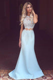 Elegant Two Piece Mermaid Blue Lace High Neck Cap Sleeve Satin Prom Dresses UK PH419