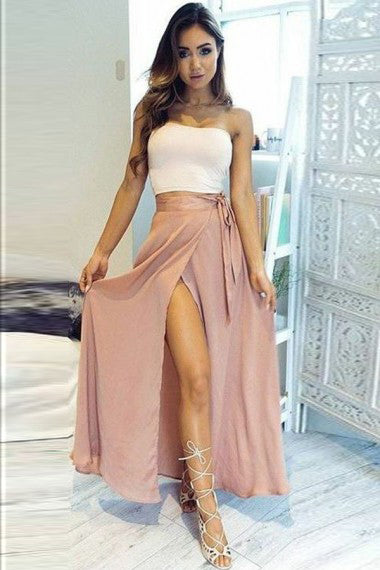 A Line Two Piece Strapless Ankle-Length High Split Sleeveless Pink Chiffon Prom Dresses