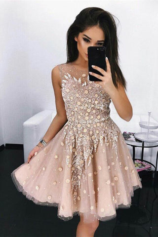 Modest A-Line Round Neck Short Blush Beads Unique Illusion Pleats Homecoming Dresses PH682