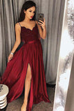 Chic A Line Spaghetti Straps Long Lace Burgundy V Neck Maxi High Split Prom Dresses PH655