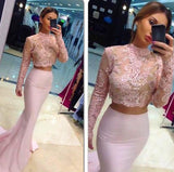 Pale Pink Two Pieces Long Sleeves Lace Mermaid See Through Jewel Neckline Prom Dresses uk PM201