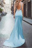 Elegant Amazing Beading Satin Scoop Mermaid Blue Backless Sleeveless Long Prom Dresses uk PH225