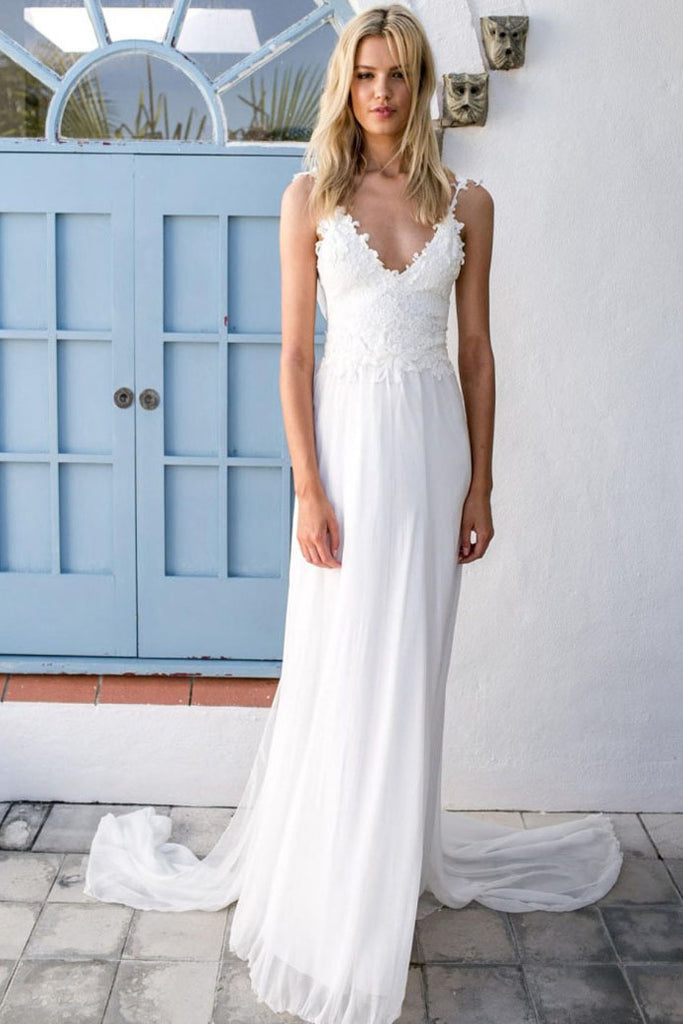 Boho V-neck A-Line White Cheap Lace Chiffon Backless Sash Summer Beach Wedding Dresses PH308