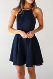 A Line Dark Navy Cute Halter High Neck Satin Short Homecoming Dress PM267