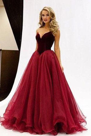 Charming Red V-Neck A-Line Organza Backless Strapless Long Prom Dress