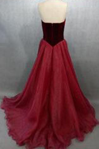 Charming Red V-Neck A-Line Organza Backless Strapless Long Prom Dress