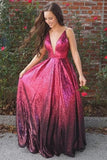 A-Line Spaghetti Straps Fuchsia V Neck Sequins Prom Dresses, Long Evening Dress P1523