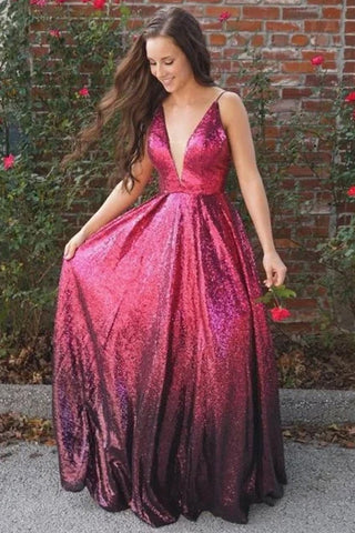 A-Line Spaghetti Straps Fuchsia V Neck Sequins Prom Dresses, Long Evening Dress P1523