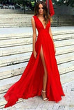 Sexy V-Neck Slit Split Red Evening Dresses Formal Dresses Prom Dresses uk PM709