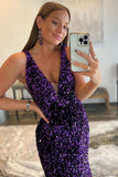 Mermaid Deep V Neck Purple Sequins Long Prom Dress N122