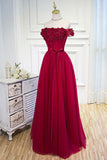 A-line Tulle Burgundy Short Sleeve Off-the-Shoulder Scoop Hand-Made Flower Prom Dresses uk PM776