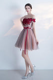 A Line Red Off the Shoulder Above Knee Short Sleeve Flowers Homecoming Dresses UK PW308