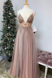 A Line Tulle V-Neck Applqiues Prom Dress With Slit Spaghetti Straps Long Formal Dress P1270