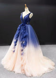 Royal Blue Ombre V-Neck Tulle Long Prom Dress Ball Gown