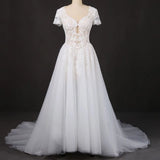 A Line Short Sleeves Beads V-Neck Lace Applique Wedding Dress Bridal Dress W1142