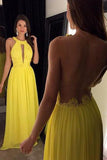 Yellow Elegant Long Beaded Chiffon Pageant Backless Prom Dress