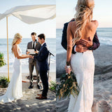 Spaghetti Straps V-Neck Lace Wedding Dress Backless Mermaid Beach Wedding Gowns W1176