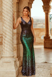 Sexy V Neck Sequin Evening Dress with Thigh High Slit Straps Green Long Prom Dresses P1168