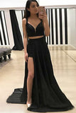 Sexy A Line V Neck Two Piece Sweetheart Cross Back Split Black Long Prom Dresses uk PW137