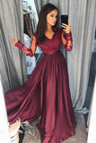 Elegant A-Line Lace Long Sleeves Satin Burgundy Beads Slit V-Neck Prom Dresses UK PH298